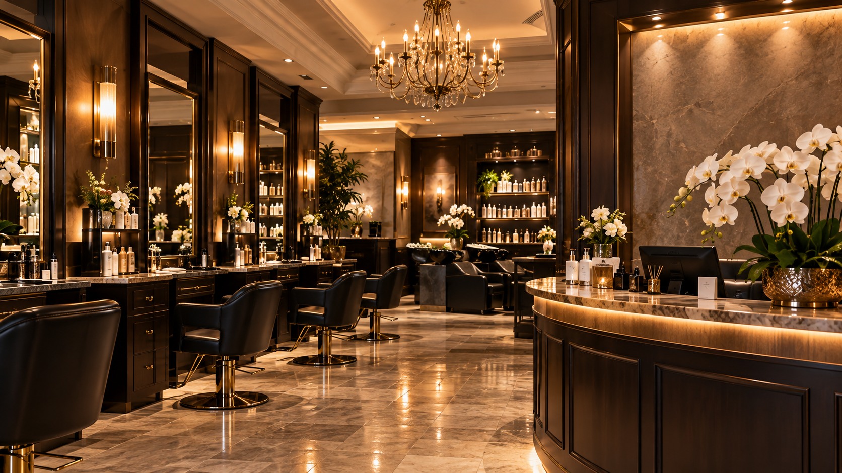 Warmly lit luxury salon interior